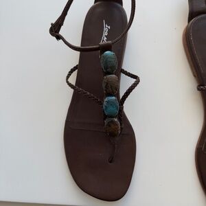 Ioannis beaded sandal, baubles on strap, gladiator style closure